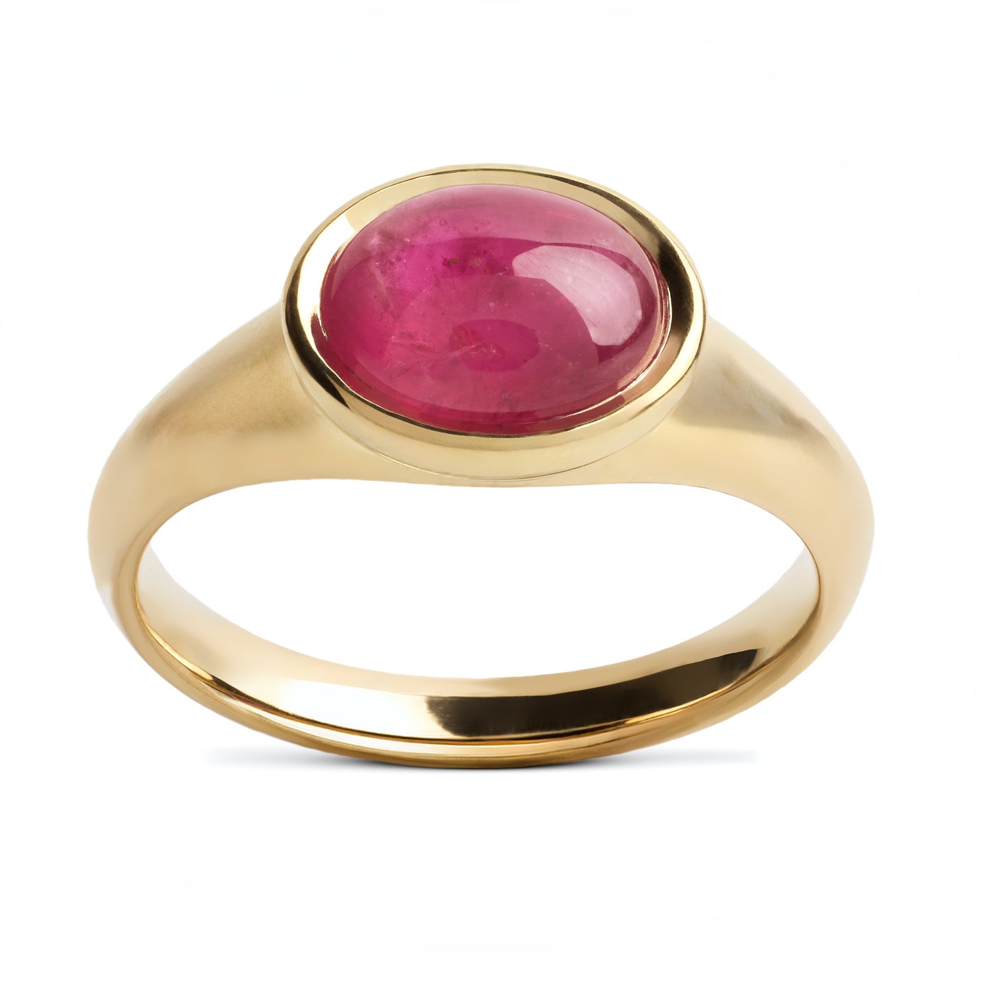 Gold ring with a pink gemstone on a white background