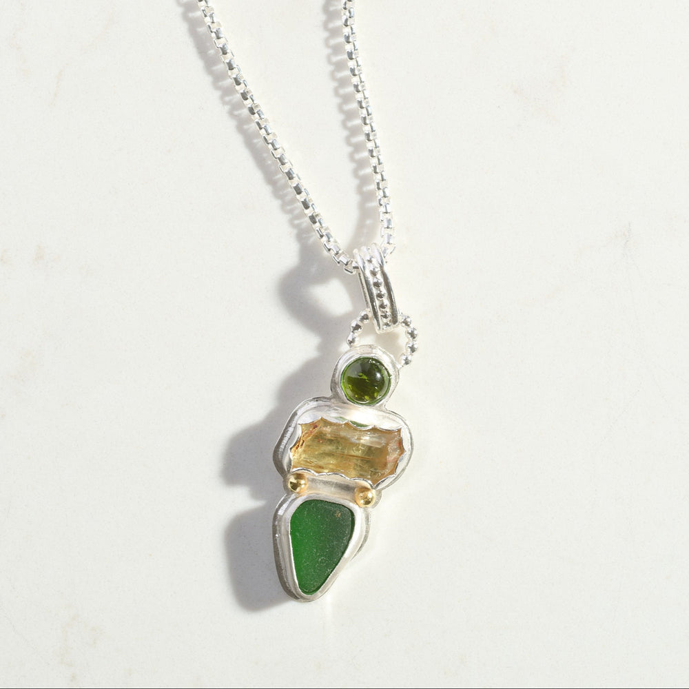 One of a Kind Pendant with Tourmaline, Citrine, and Sea Glass