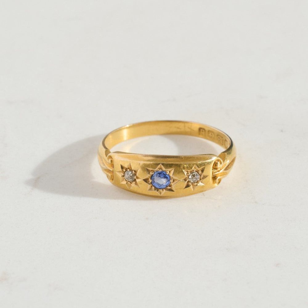 ANTIQUE Three Stone Sapphire and Diamond Star Set Ring
