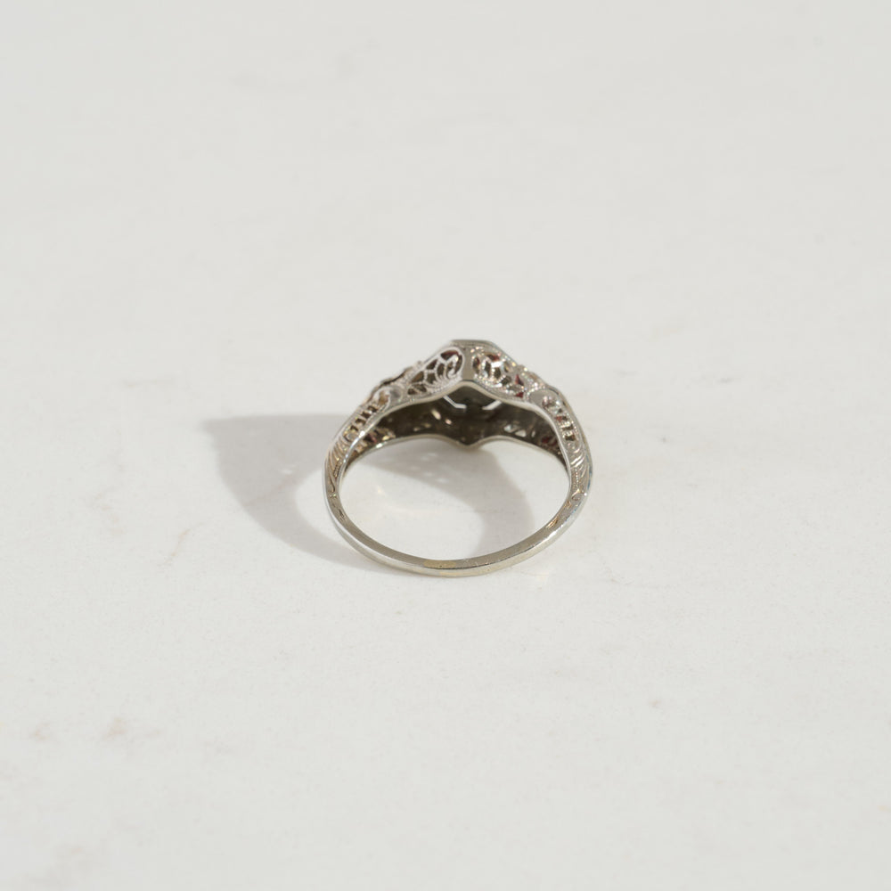
                      
                        ANTIQUE 18k White Gold Art Deco Filagree Diamond Ring
                      
                    