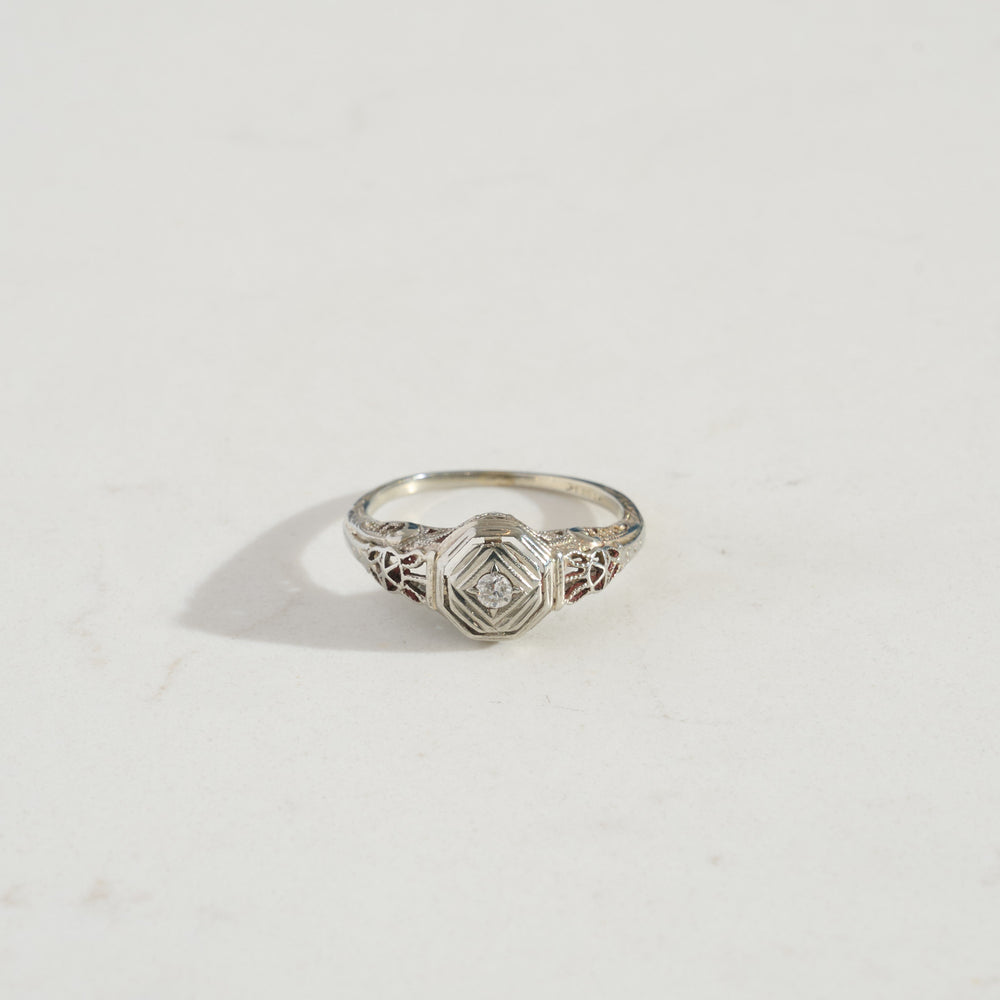 
                      
                        ANTIQUE 18k White Gold Art Deco Filagree Diamond Ring
                      
                    