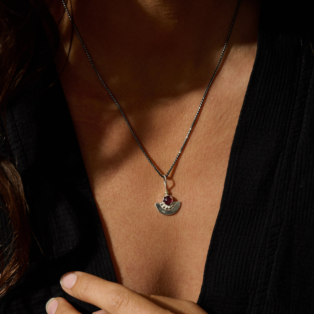 
                      
                        One of a Kind Tiny Rhodolite Garnet Shield Pendant
                      
                    