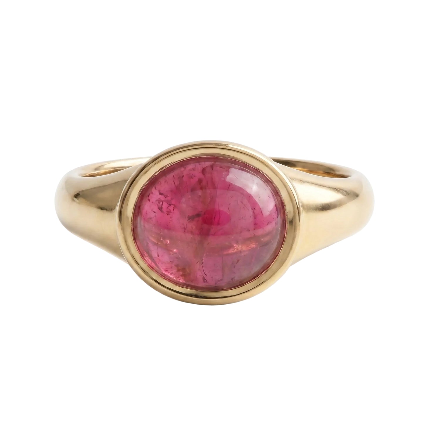 Gold ring with a pink gemstone on a white background