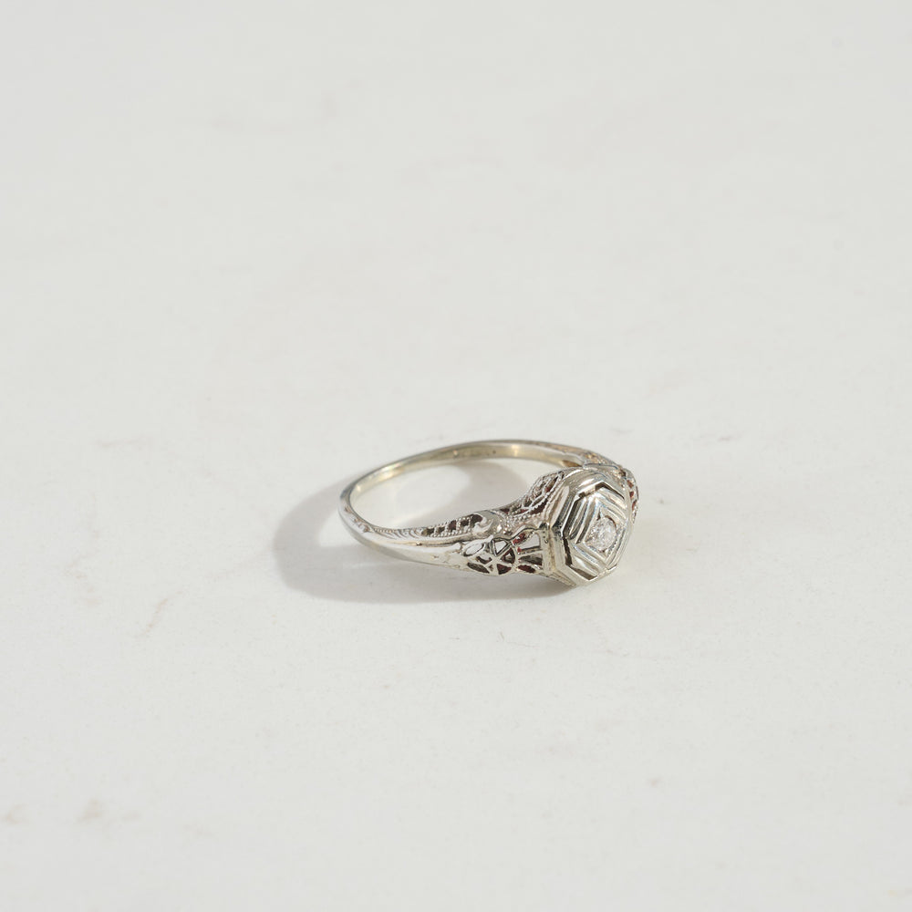 
                      
                        ANTIQUE 18k White Gold Art Deco Filagree Diamond Ring
                      
                    