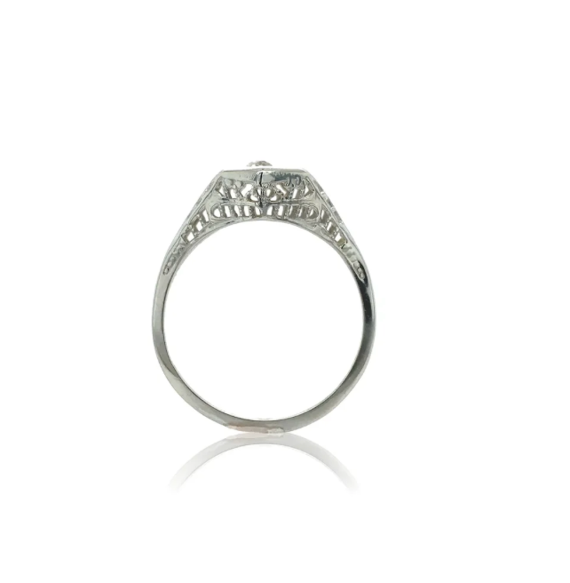 ANTIQUE 14k White Gold Filagree Ring with Diamond