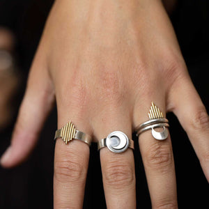
                  
                    The Alchemy Ring set worn with the other two rings in the Alchemy Collection; the Crescent Moon Ring and the Shiva Ring. 
                  
                